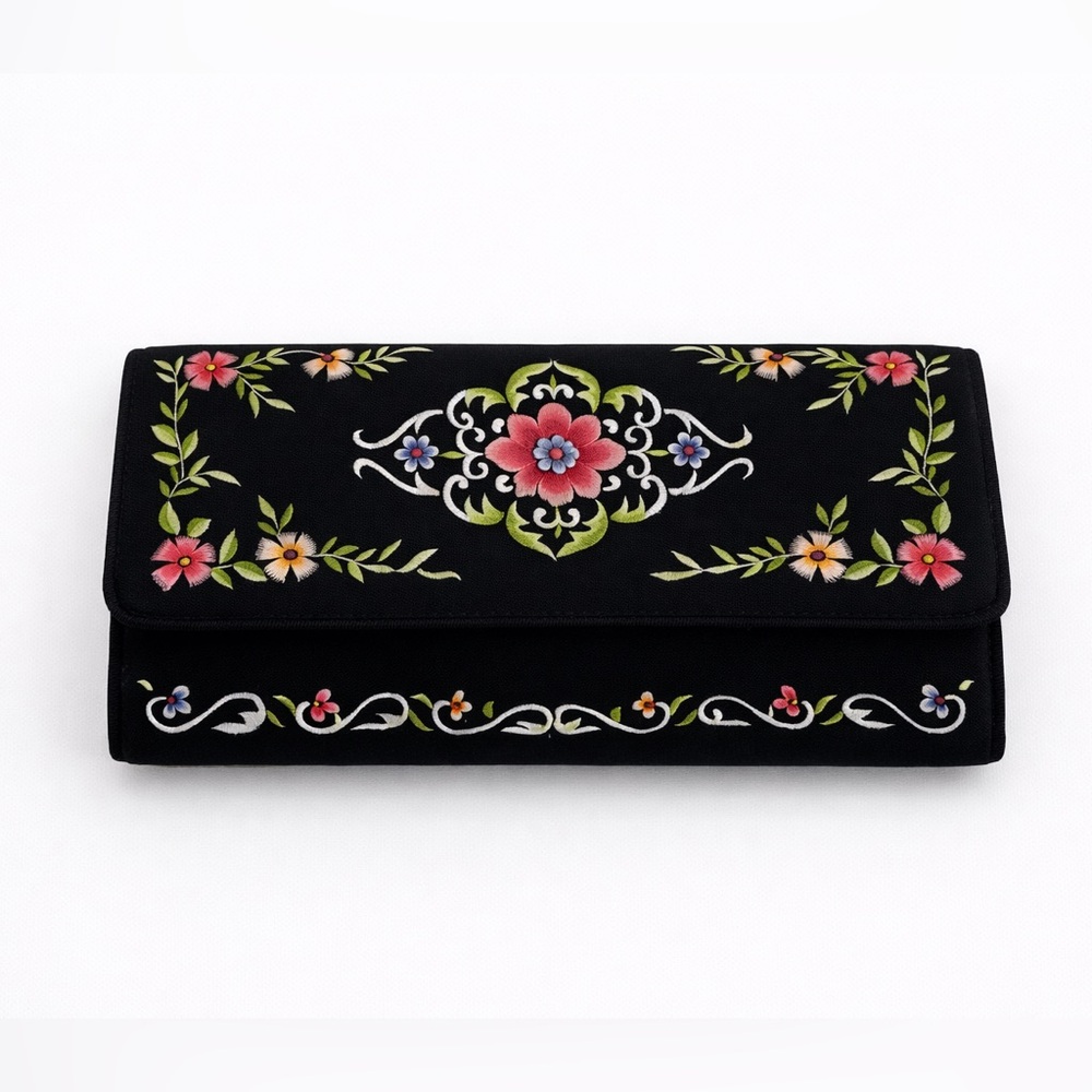 Vintage Black Silk Floral Embroidered Clutch Bag *No Closure*
